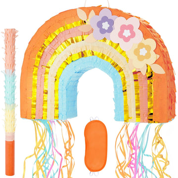 Wernnsai Rainbow Piñata - Rainbow Pull String Piñata With Bundle With Blindfold And Bat For Girls Kids Piñata Boho Theme Birthday Party Decoration Game For Baby Shower Carnival Summer Party Supplies