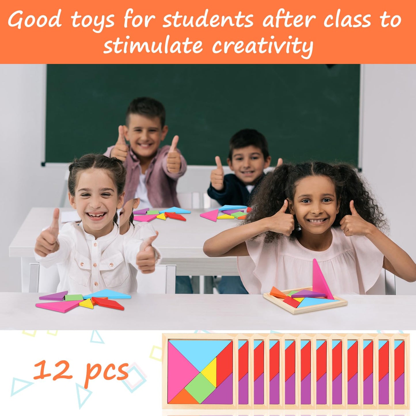 Meooeck 12 Pack Tangrams Wooden Puzzles Tangrams Classroom Set For Kids Shape Puzzles Brain Logic Blocks For Games Educational G