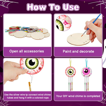 Fennoral 9 Pack Halloween Wind Chime Kit For Kids Make You Own Eyeballs Wind Chimes Diy Paint Wooden Art And Craft For Girls Boy