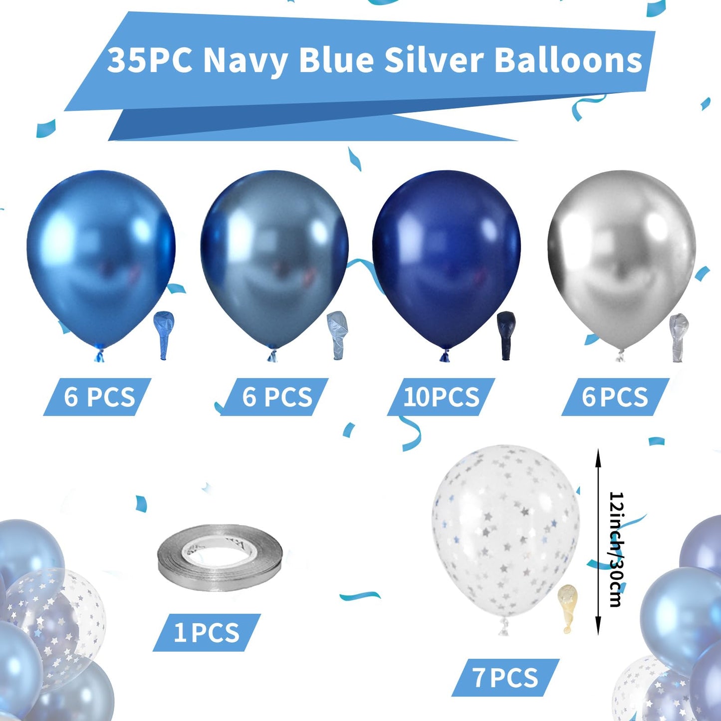 Blue Silver Balloons, Pearl Navy Blue Balloons Metallic Light Blue And Silver Balloons Silver Star Confetti Balloons For Boys Gi