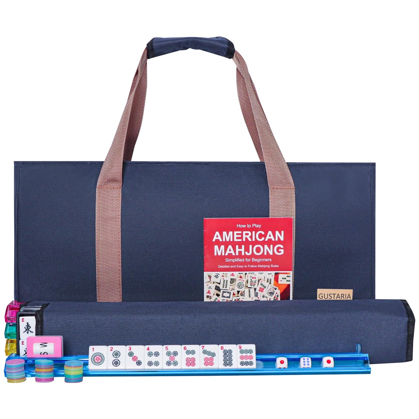 GUSTARIA American Mahjong Game Set - 166 Premium White Tiles, Blue Carrying Bag, 9"x20"x3", Melamine, 4 Color Racks/Pushers