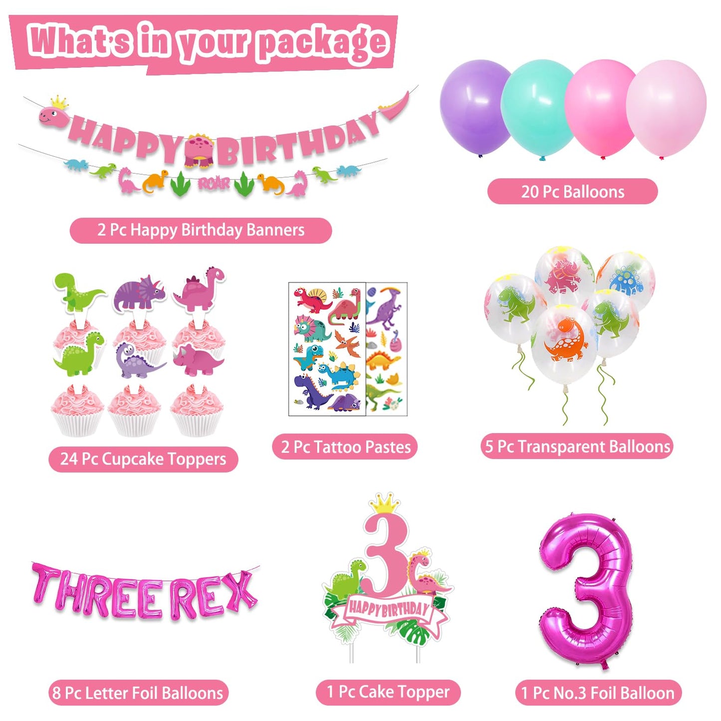 Mpanwen Girl Dinosaur Birthday Party Decorations, Three Rex Pink Dinosaur Dino Party Supplies For Girls Baby - Banner, Cake, And