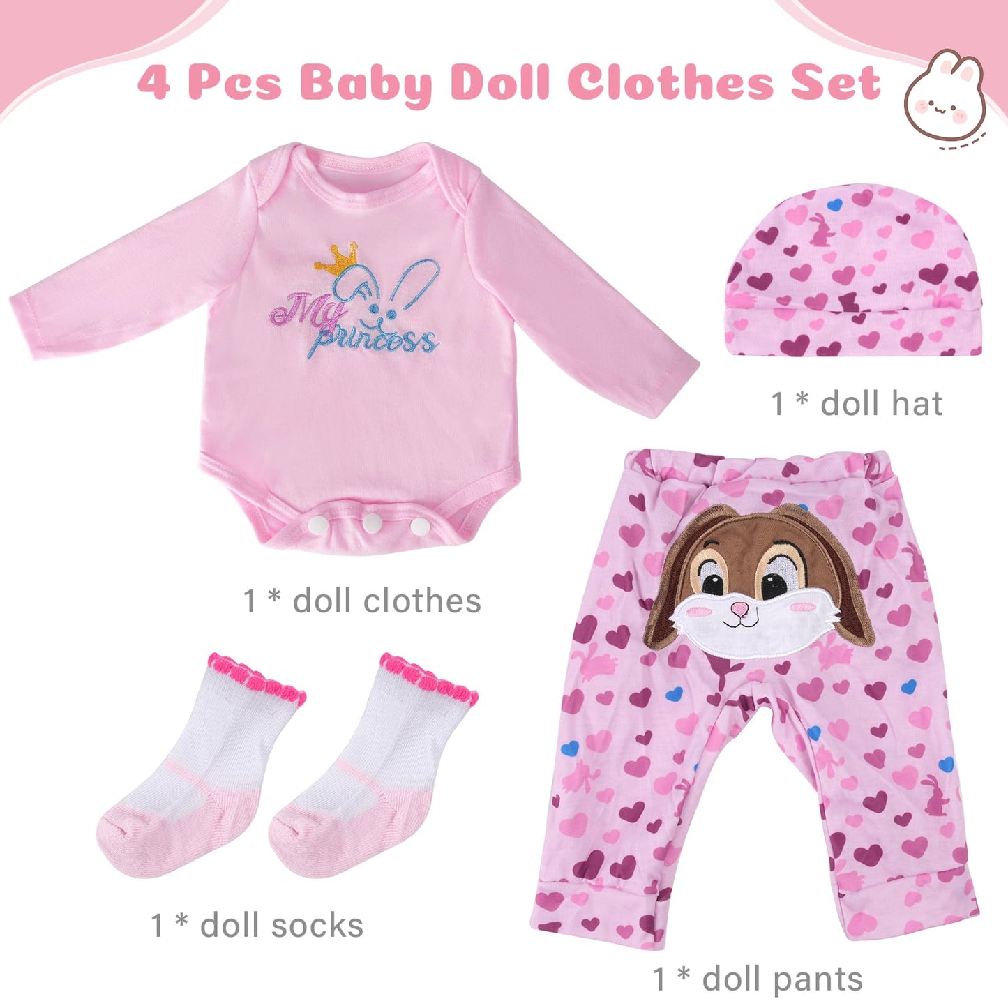 Babeside 4 Pcs Reborn Baby Doll Clothes Set For 17-22 Inch Babydolls, Cute Bunny And Heart Pattern Baby Doll Clothing Accessorie