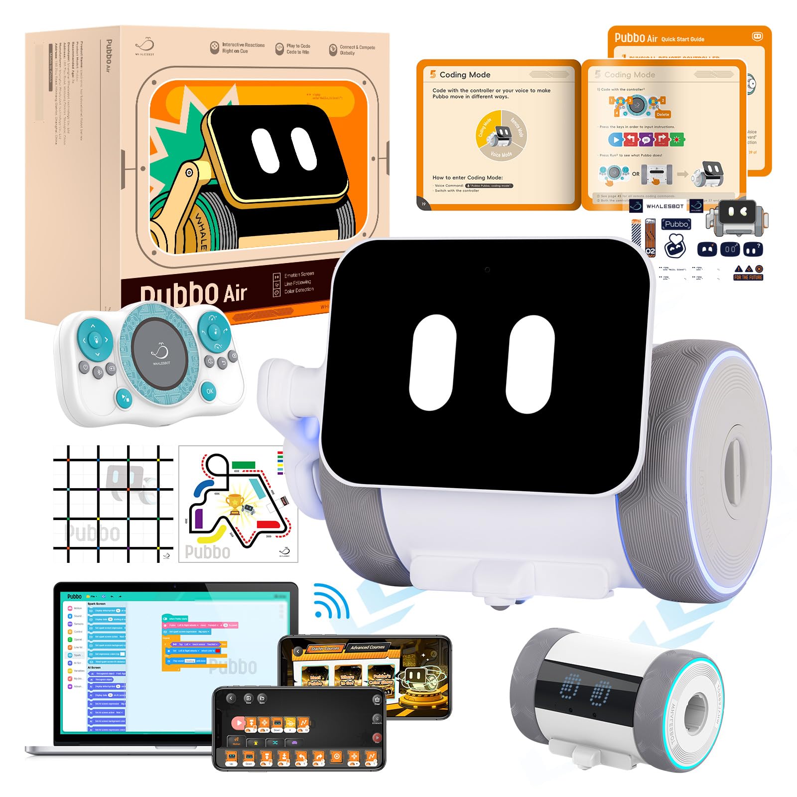 WhalesBot Pubbo Air Smart Interactive Robot for Kids, Voice/Touch/APP/Remote Control, Modular/Scratch Coding, Companion Robotic 