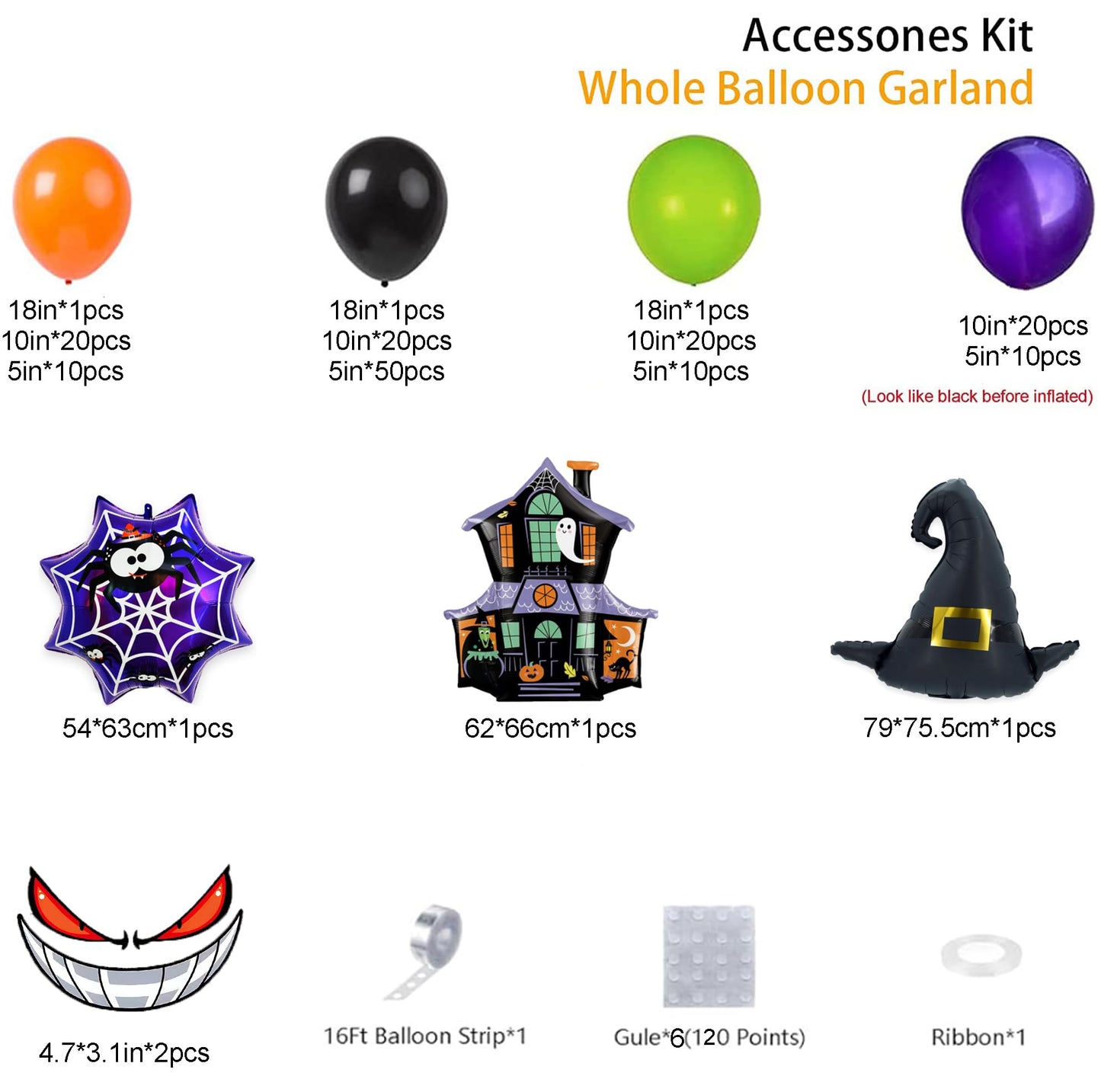 Bonropin 175Pcs Halloween Balloon Garland Arch Kit With Black Orange Green Purple Balloons Spider Balloons Halloween Foil Balloo