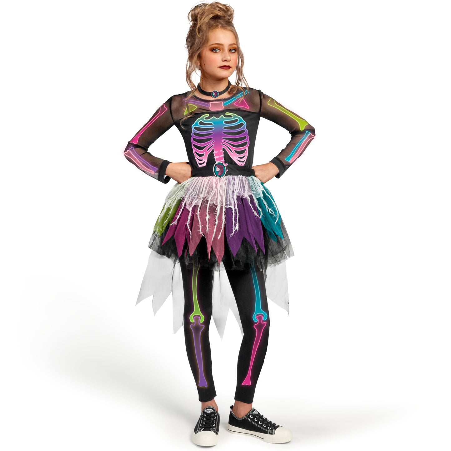 Spooktacular Creations Funky Skeleton Tutu Dress For Girls, Punky Bones Colorful Skeleton Costume For Halloween Dress Party-M