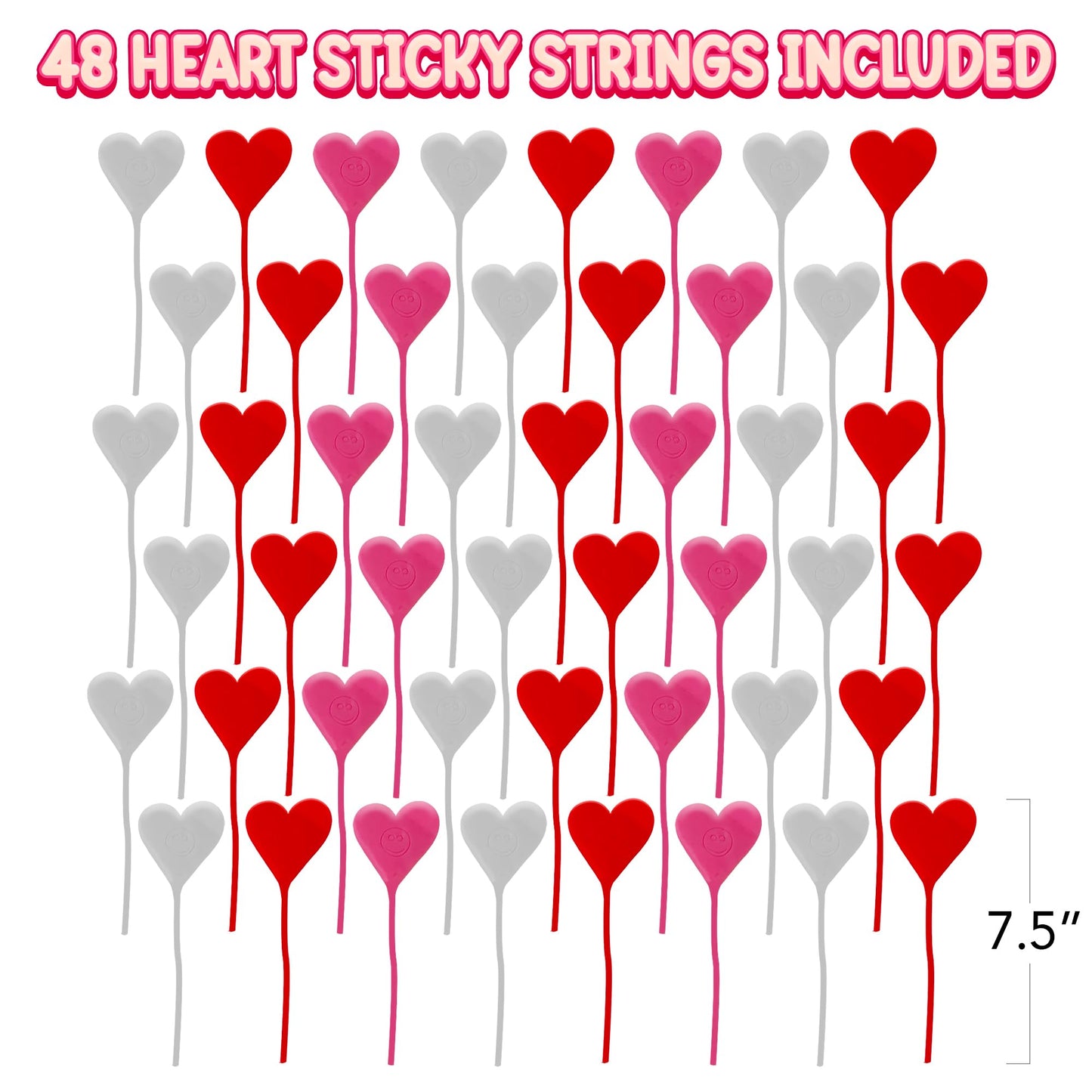 ArtCreativity Sticky Heart Strings - Set of 48 - Valentines Day Heart Sticky Toy with Smiley Face - Valentines Sticky Hands for