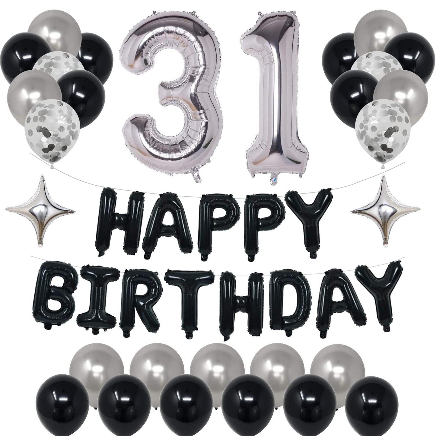 Naninuneno 31St Black Silver Birthday Party Decorations For Men Women, Happy 31 Birthday Party Supplies With Black Happy Birthda