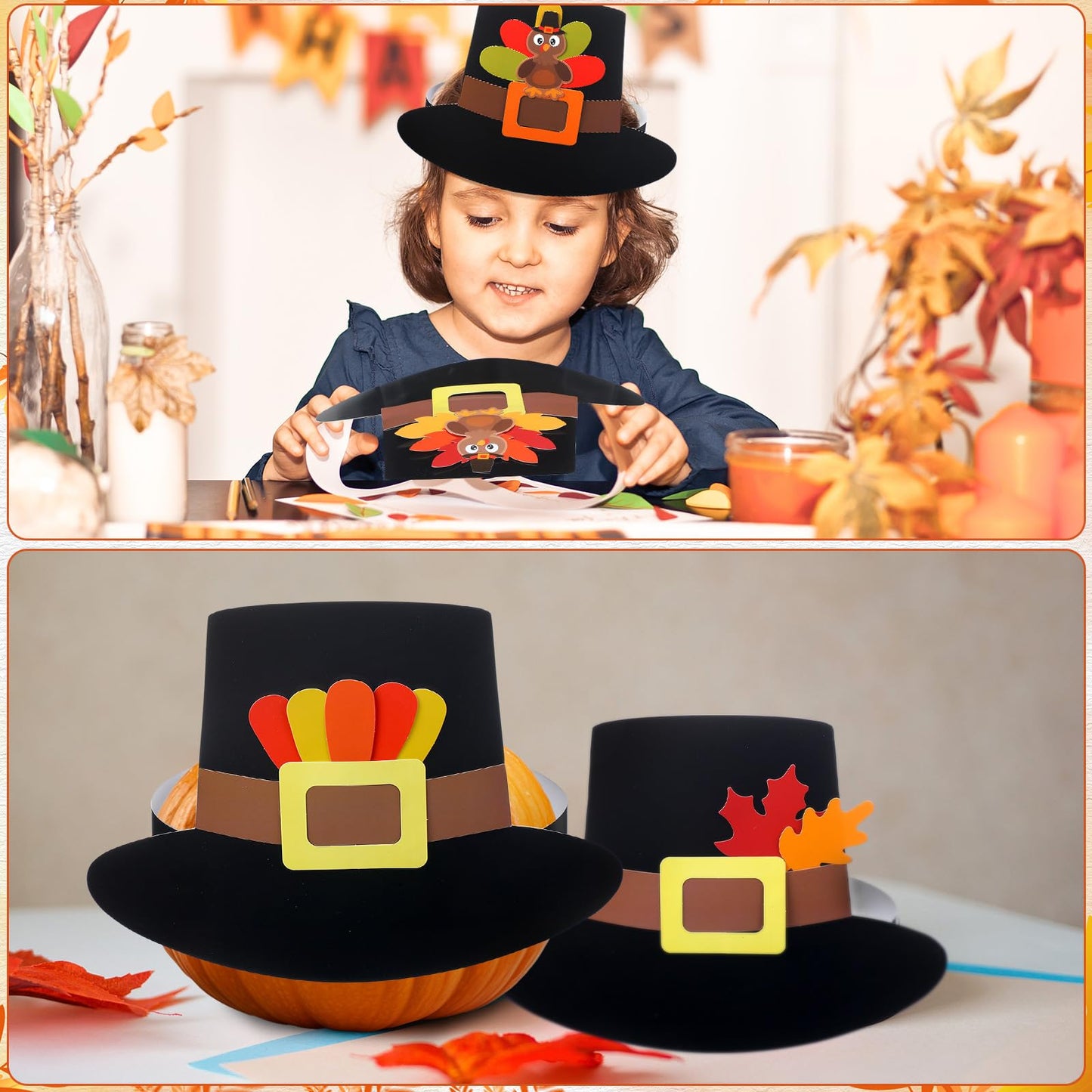 Jenaai 24 Pcs Pilgrim Hat Craft Kit with Turkey Decoration Thanksgiving Novelty Hats Autumn Handmade Fun Home Activity DIY Suppl