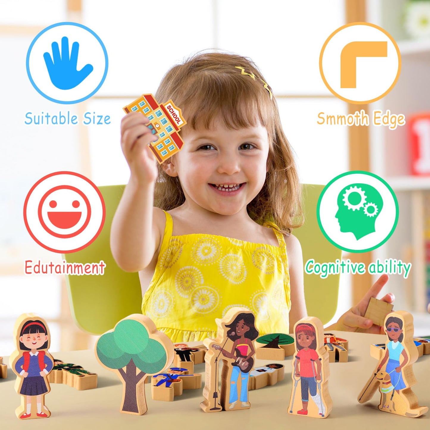 Blosssound 40 Pcs Wooden Community Helpers Figures Playset - Multicultural Career Educational Toys for Kids, Model GEY-Blosssound-1642