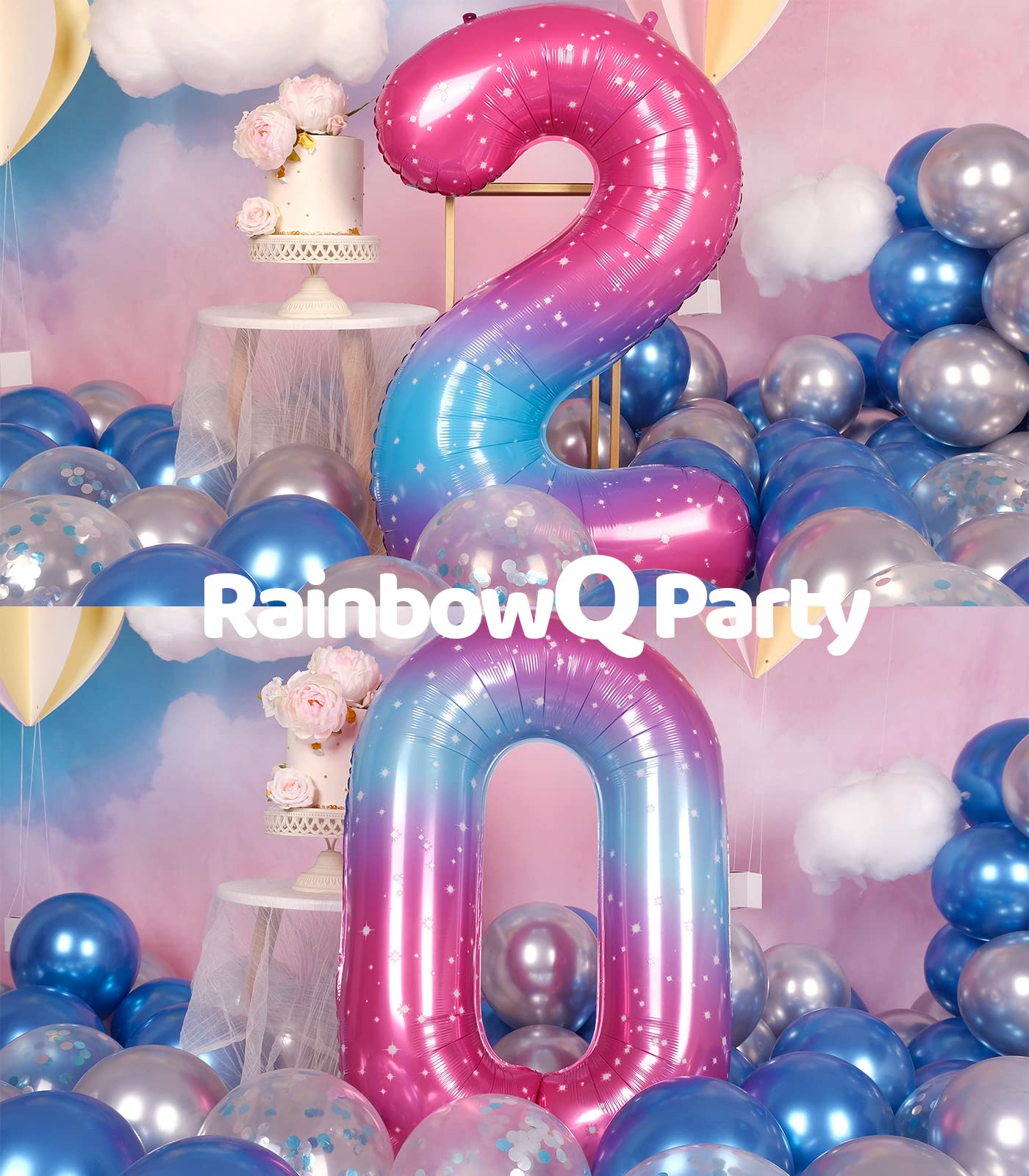 Rainbowq 20 Balloon Number 40 Inch For Women Big Starry 0-9 Foil Mylar Large Balloon Number 20 Happy 20Th Birthday Party Anniver