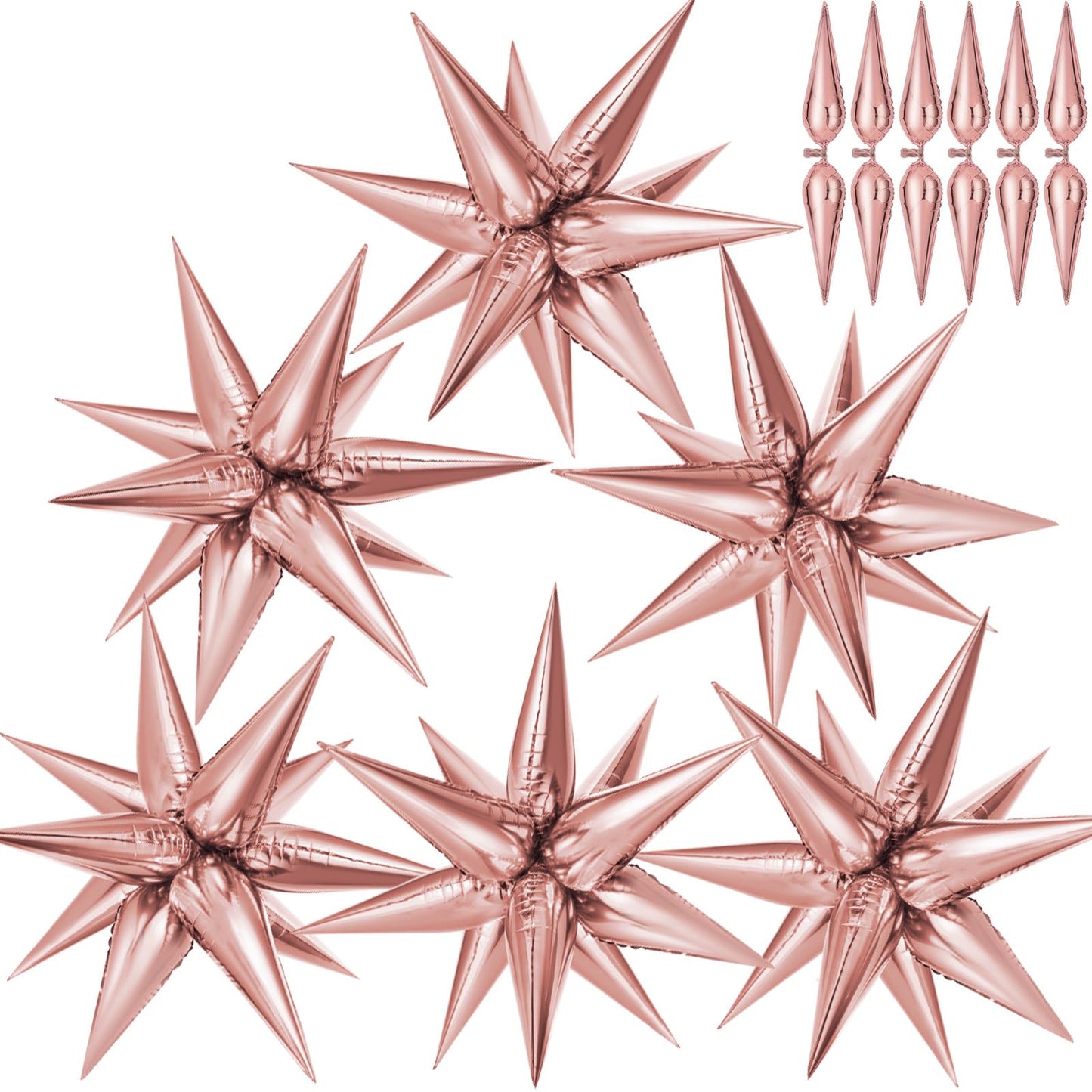 Rose Gold Star Balloons, Big 72 Pieces 26 Inch Explosion Starburst Foil Cone Balloons, 12 Point Large Starburst Balloons For Wed