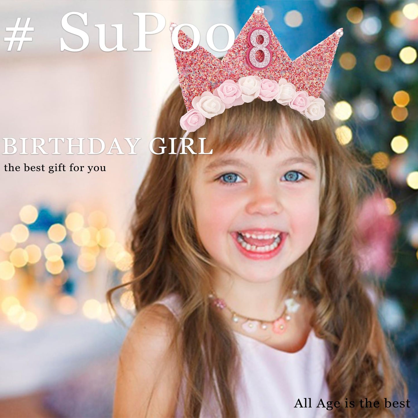 SuPoo 8th Birthday Decorations for Girl 8th Birthday Girl Headband Birthday Crown for Girls Glitter Hair Band for Party 8 Year O
