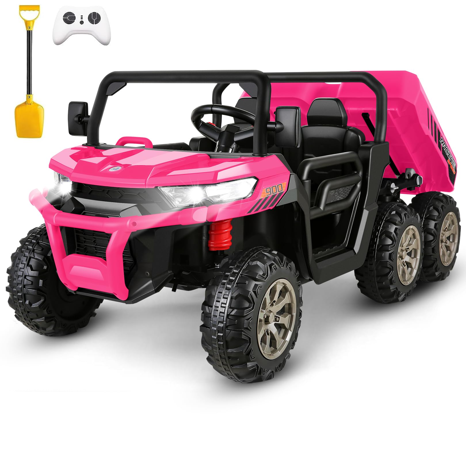 Hikole 2 Seater Ride On Utv For Kids, 24V 6X6 4Wd Electric Kids Car Truck With Remote Control, 6 Wheeler, Dump Bed, Music-24 Volt Ride On Toys For Big Kids Boys Girls 4-8 W/6 Spring Suspension, Pink