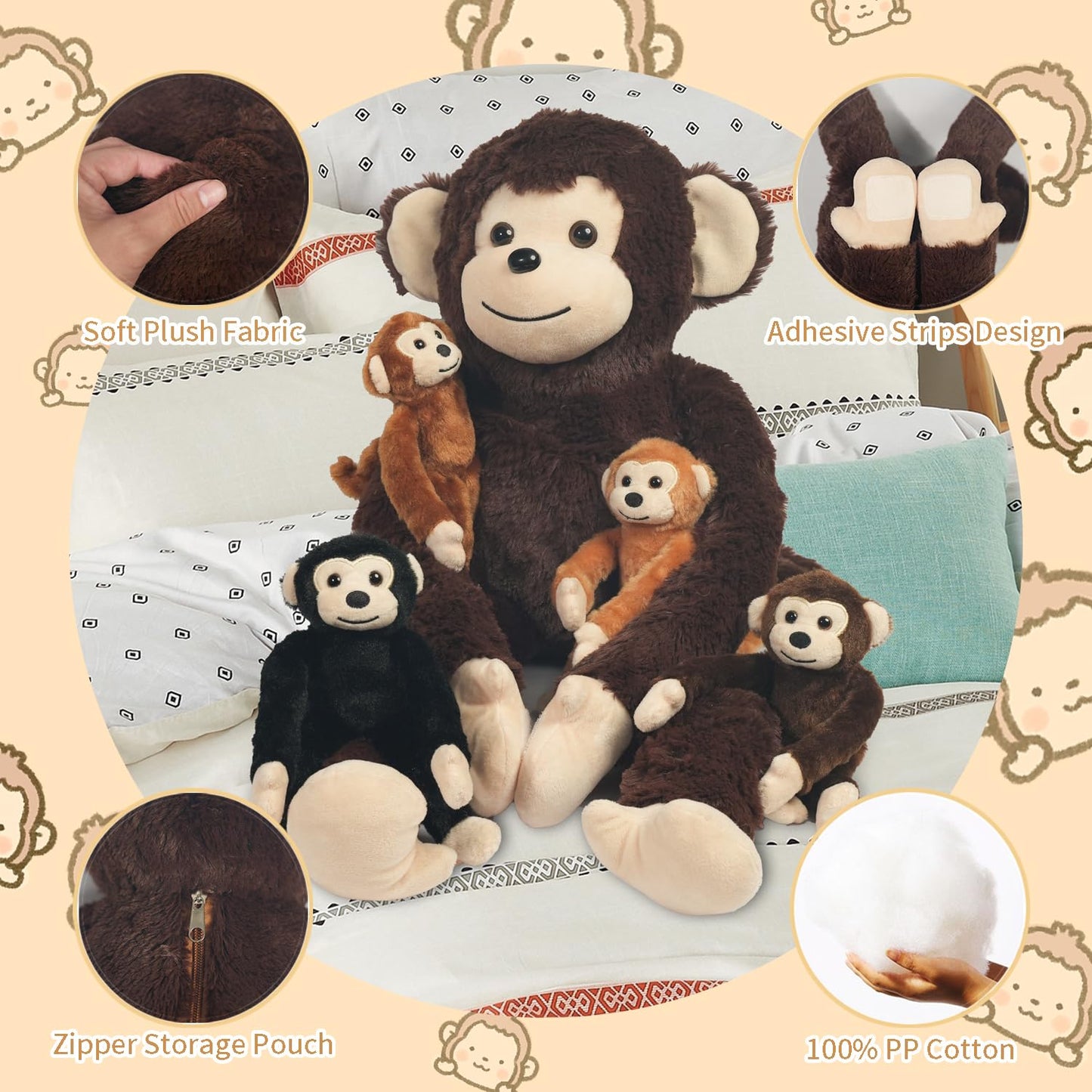 Xyhqyb Monkey Stuffed Animals With Babies Inside, 5 Piece Set Of Mommy And Baby Monkeys Plush In Zippered Pouch, Nurturing Stuff
