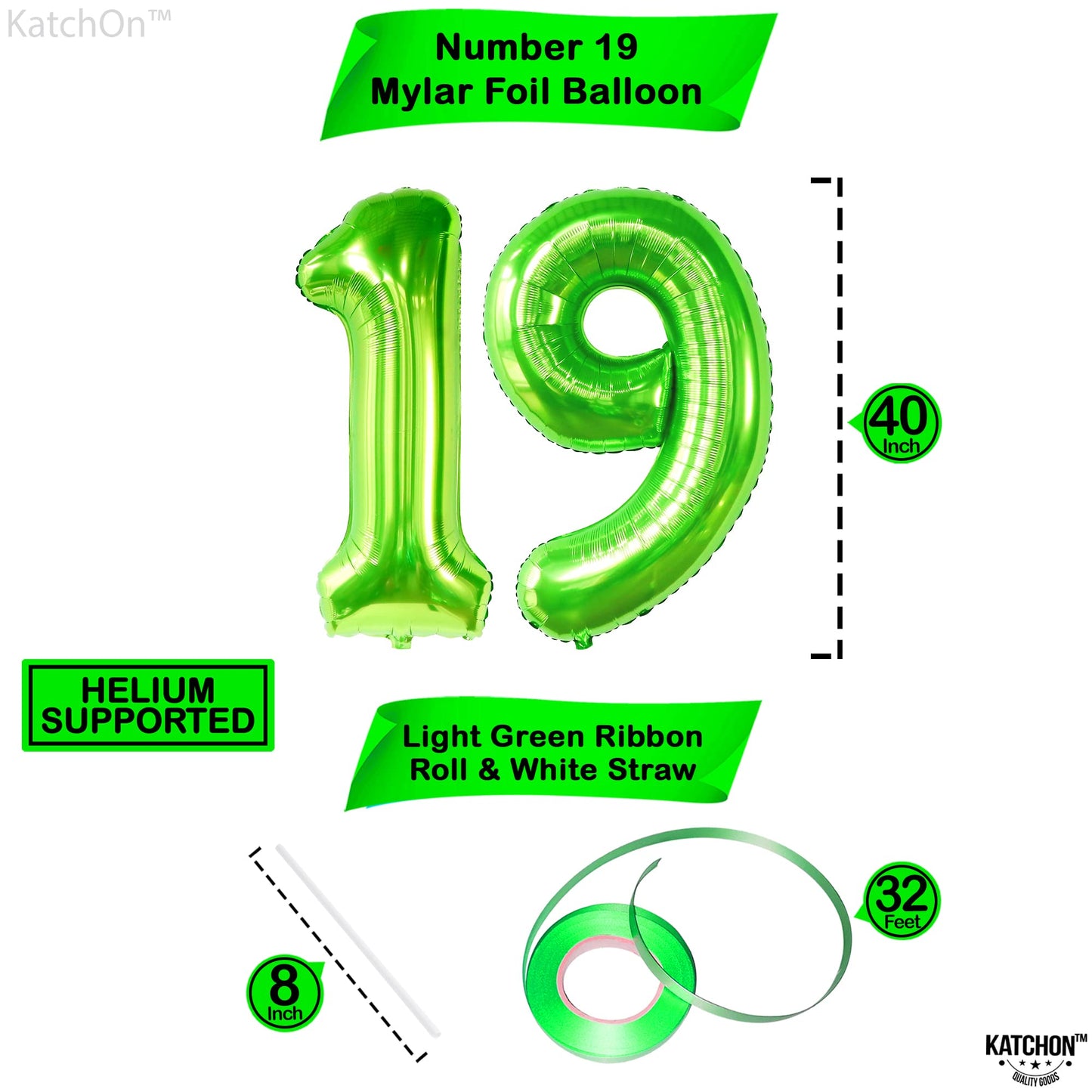 Katchon, Giant 19 Birthday Balloons Green - 40 Inch | 19 Balloons For 19Th Birthday Decorations | Green 19 Balloon Number | 19Th Birthday Balloons For 19 Year Old Birthday Party Decorations