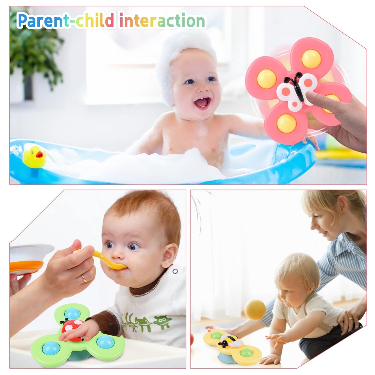 Suction Cup Spinner Toy For Baby 1 2 Year Old, 3Pcs Spinner Sensory Toys For Toddlers 1 3, Cartoon Baby Fidget Spinners Toys 12 Months Kids, High Chair/Dining Table/Window/Travelling (Colorful)