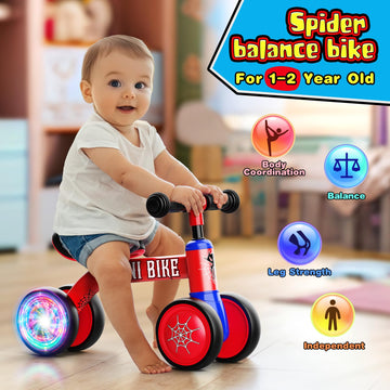 Aetyni Baby Balance Bike 1-2 Year Old: Spider Toddler Bike Baby Bike For 10-24 Month With Colorful Lighting & 4 Wheels First Rid