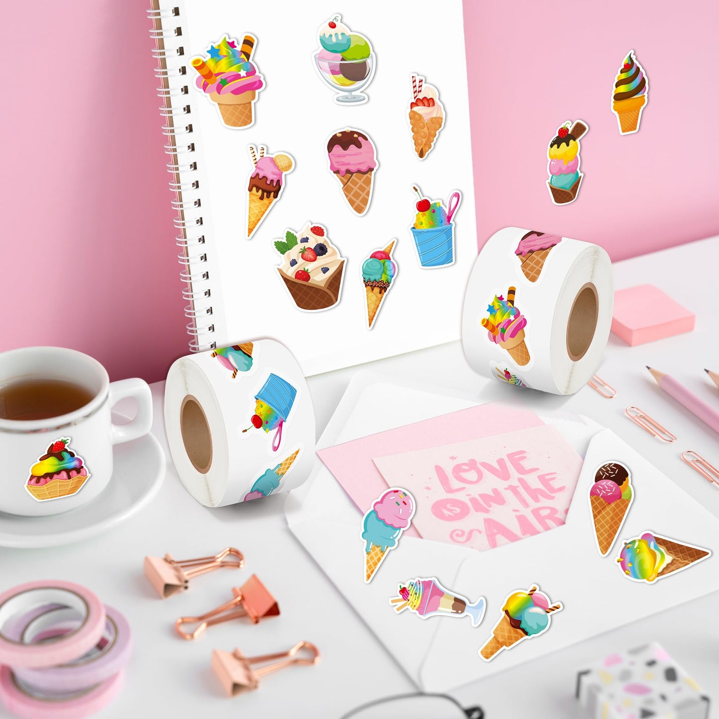 Beyumi Summer Ice Cream Stickers - 1000Pcs Ice Cream Stickers In 2 Rolls Waterproof Vinyl Sweets Themed Cute Dessert Decals For Gift Laptop Bottle Scrapbooking Luggage Computer Envelope Decor For Kids