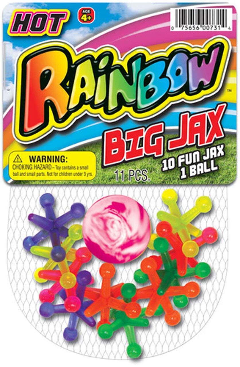 JA-RU Rainbow Big Jacks Game Set Retro. Large Hi Bounce Ball and 10 Large Colorful Soft Rubber Jax Toy. Party Favors Stocking St