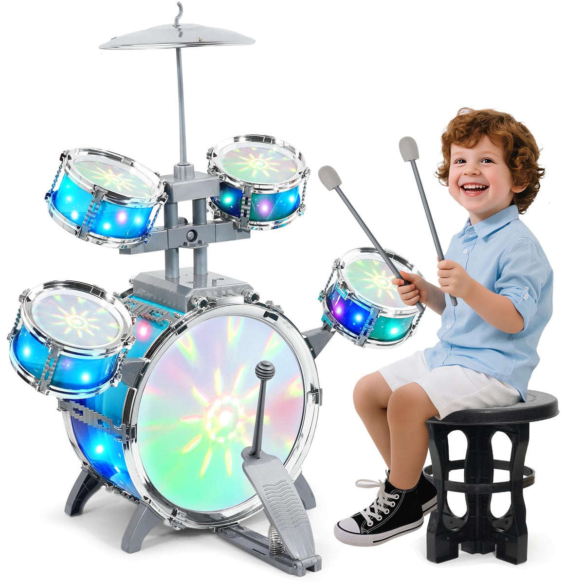Drum Set For Kids 13, Jazz Drum Set For Toddlers 35 Vibrant Aurora Light With 5 Pieces High Drums, Musical Instruments Toy For