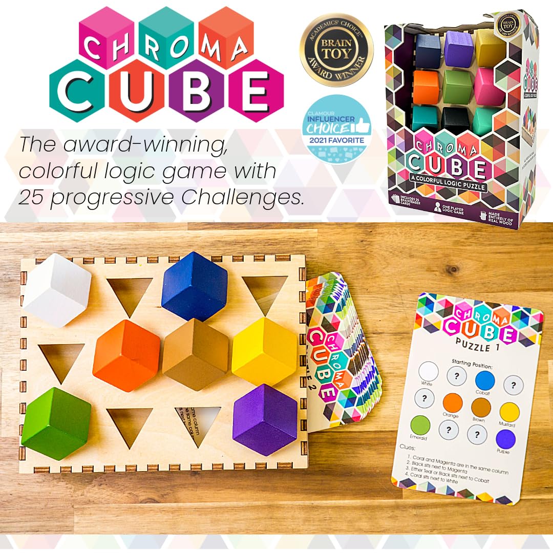 Project Genius Chroma Cube - Colorful Logic Puzzle with 12 Wood Blocks & 25 Brainteaser Cards - Fun 1 Player Game, Multi Color