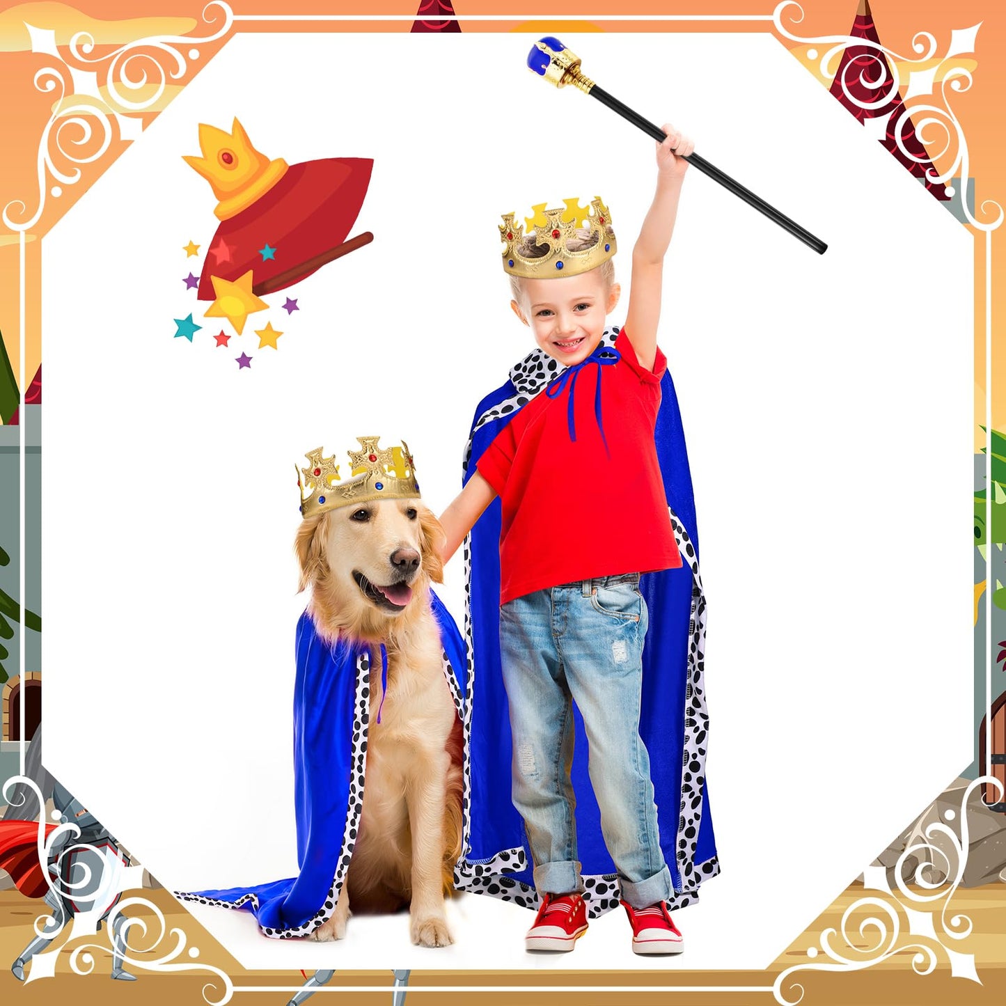 Shinymoon 3 Pcs Halloween Prince Costume For Kids King Crown Robe And Scepter Prince Costume For Boys King Cosplay(Blue)