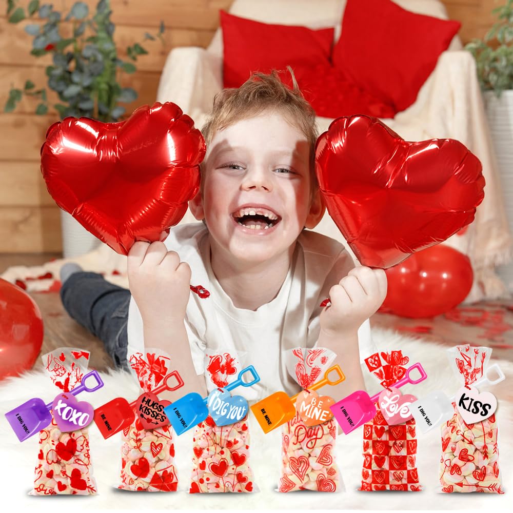YUJUN 150 Pieces Valentine's Day Plastic Shovels for Kids I DIG You Sand Shovels Valentines Cards Cellophane Treat Candy Bags fo