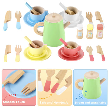 Gagaku Wooden Tea Set And Wooden Play Dishes 2 In 1 Play Food Set Toy 28 Pcs Montessori Wooden Play Kitchen Accessories Kitchen
