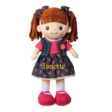 Personalized Snuggle Dolls, Custom Soft Brunette Baby Rag Doll, Pink Polka Dot Skirt, 16 Inches, Muecas De Trapo Personalizadas