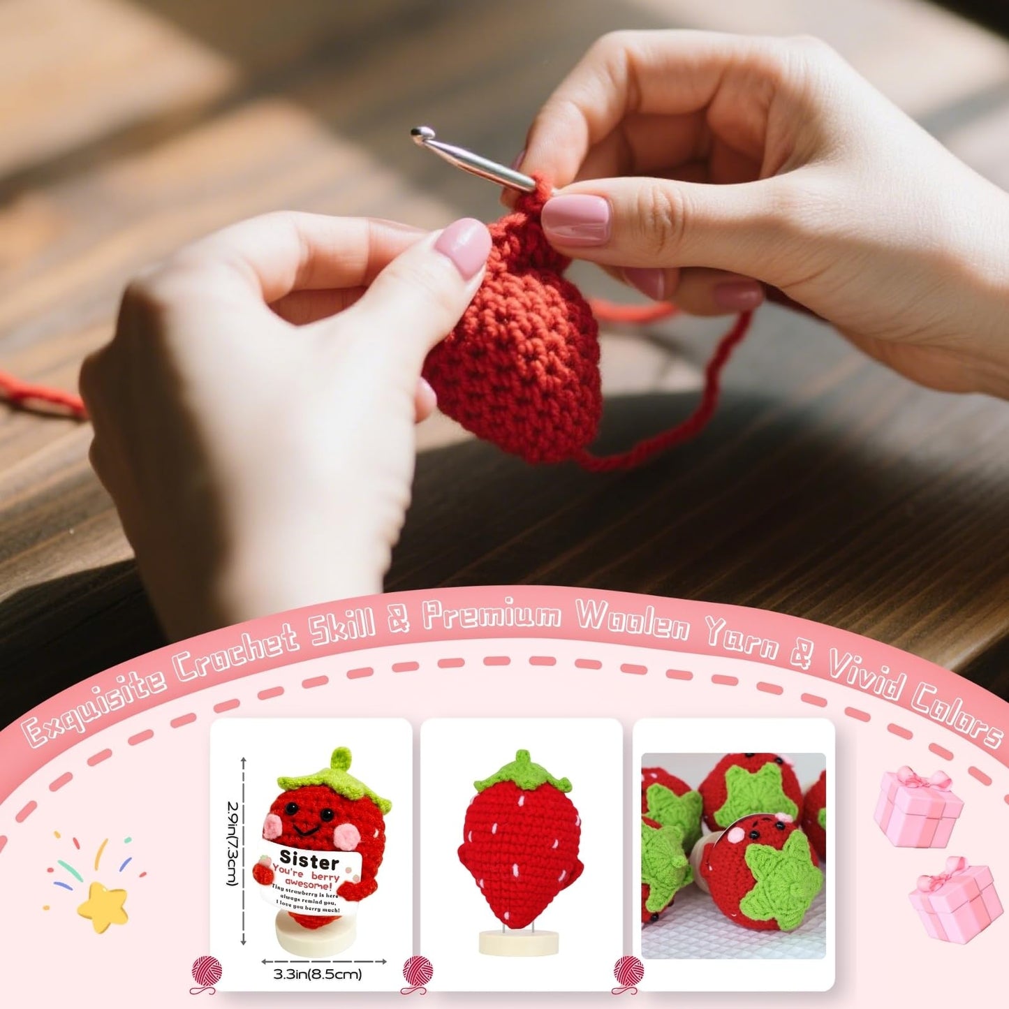 Sister Gifts Positive Crochet Strawberry: Big Sis Sister-in-Law Friends mature-themed Gifts for Birthday Christmas White Elephant Day Genlentines  Handmade Cute Berry Awesome Card Base Keychain (Sister)
