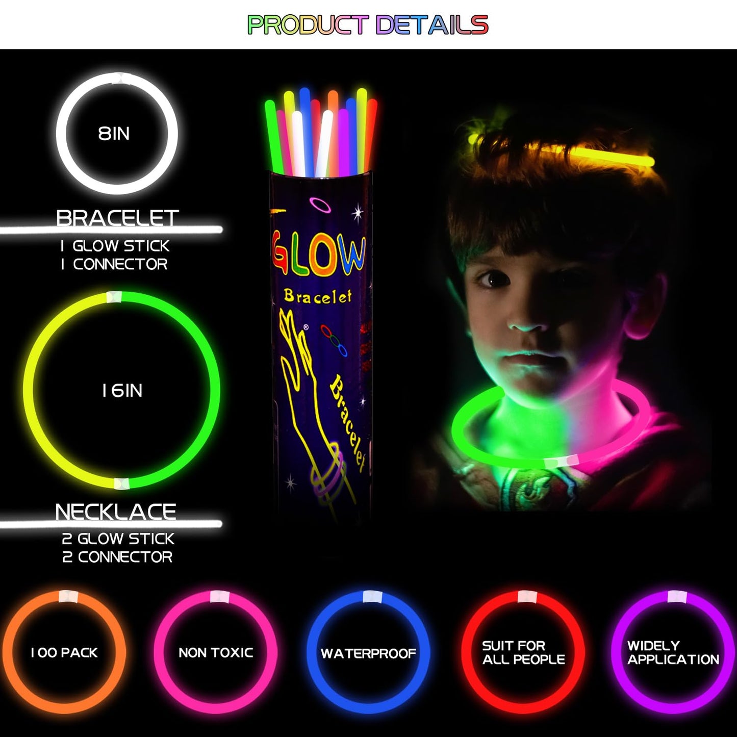 Yofobu Glow Sticks Bulk Light Up Bracelet Glow Necklaces With Connectors 50Ct 8' Glowsticks 4Th Of July Neon Party Supplies For Hawii Carnival Christmas New Year Birthday Wedding (Colorful)