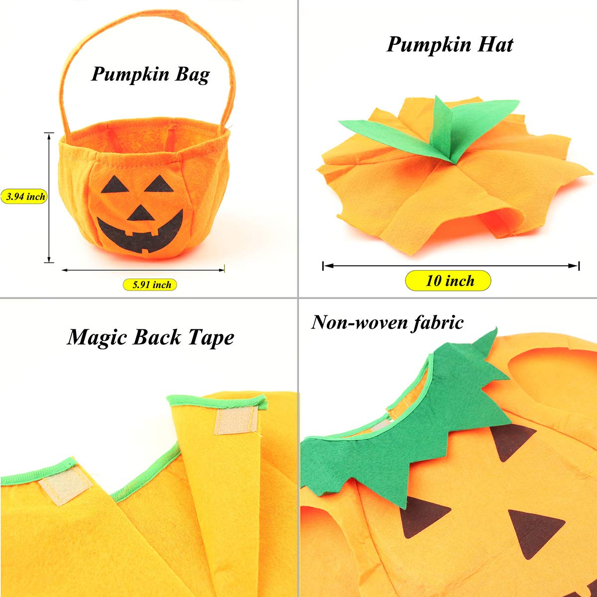 Clooouds 3Pcs Pumpkin Costume For Kids Children Halloween Pumpkin Cosplay Party Clothes With A Hat,A Bag