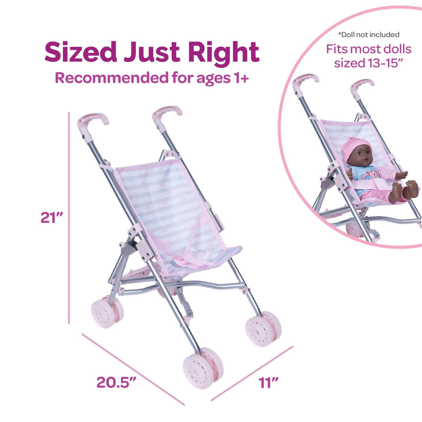 Adora Baby Doll Umbrella Stroller, Pretend Play Toy Accessories for Dolls up to 16 Inch, Foldable & Easy to Store, Smooth Steeri