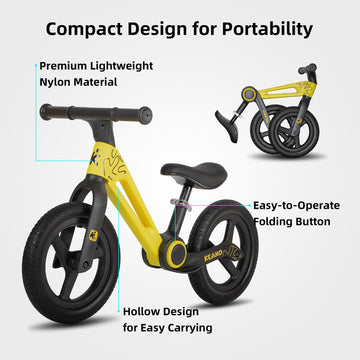 Joystar 12 Inch Balance Bike For Kids Age 2-6 Years, Foldable Toddler Balance Bicycle For 2 3 4 5 6 Years Old Girls & Boys, No Pedal Push Balance Bike With Adjustable Seat & Flat-Free Tires, Yellow
