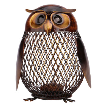 Tooarts Owl Shaped Metal Coin Bank Box Handwork Crafting Art