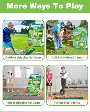 YSZZYSM 4-In-1 Kids Golf Games Set - Chipping Net, Putting Mat, Cornhole Board - Indoor/Outdoor - Blue - Model 7888-32 - 25.