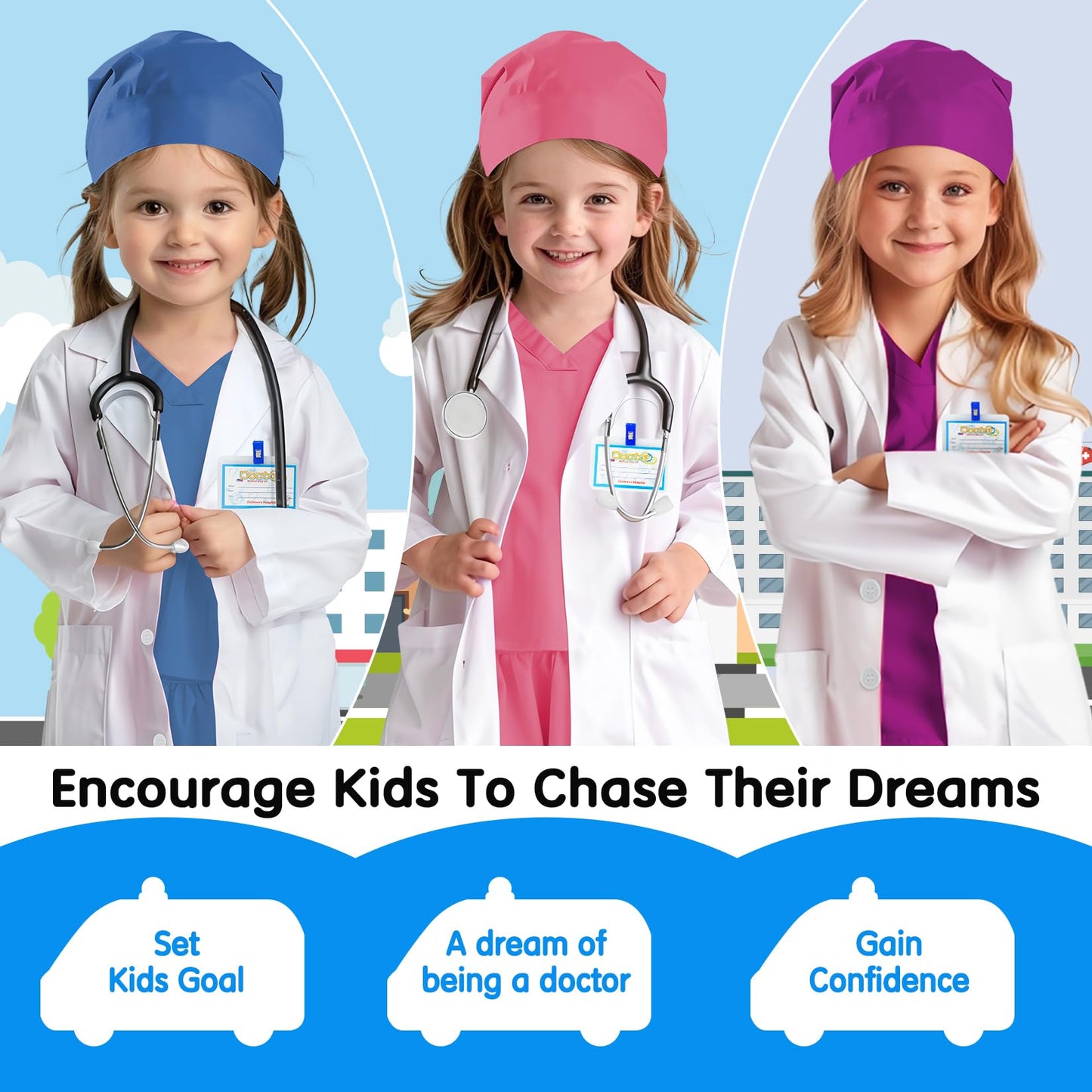 COTATERO Doctor Scrubs Costume for Kids With Stethoscope Lab Coat Career Day Costume Halloween Dress Up For Boys Girls 3-12 (Pink  XXXL-160/10-12Y)