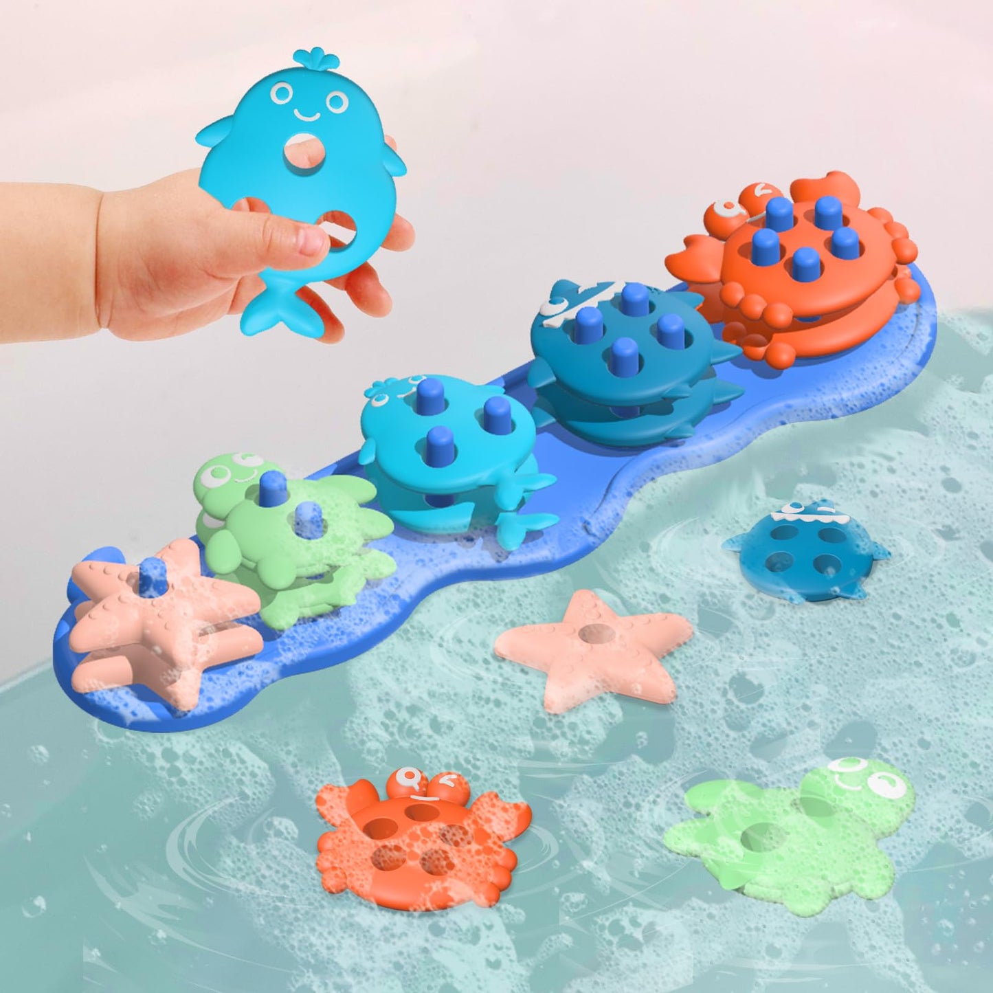 Toddler Bath Toys  enhanced Silicone Mold Free Ocean Animal Shape Sorting & Stacking Baby Bath Toys  No Hole Bathtub Floating Toys Gift for Boys Girls  Early Learning Sensory Water Toys  Bathtime Fun
