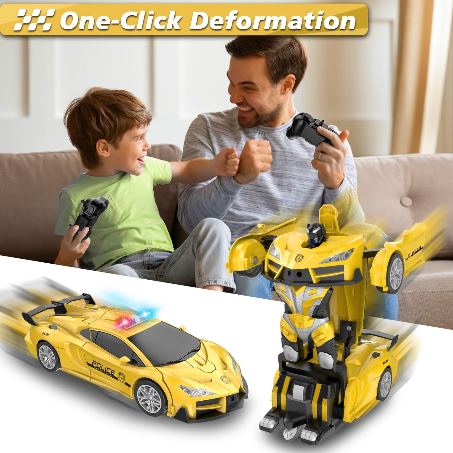 Febyhim Remote Control Car For Boys 4-7, 2.4Ghz Rc Car 1:18 Scale, One-Button Transforming Toy With 360 Spins, Led Lights(Yellow