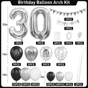 30Th Birthday Decorations Black Silver,30Th Birthday Balloon Garland Party Decorations With Number 30 Foil Balloons,Happy Birthd