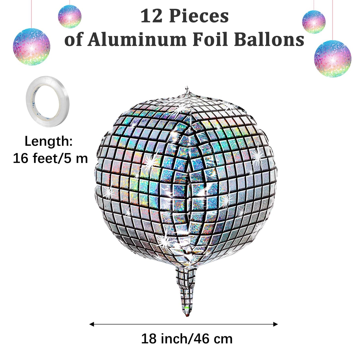 Durony 12 Pieces 18 Inches Disco Ball Balloons 4D Aluminum Foil Balloons Silver Party Decorations Mylar Foil Balloons For Disco