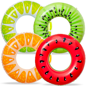 90Shine 4Pcs Fruit Pool Floats: Watermelon Kiwi Orange Lime Swimming Rings - Inflatable Tubes Floaties Toys For Kids Adults