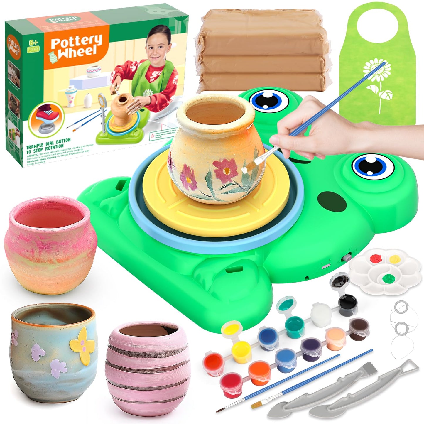 Pottery Wheel for Kids - Complete Pottery Painting Kit Arts and Crafts for Kids Ages 8-12 with 3 Pack Air Dry Clay Art Supplies 