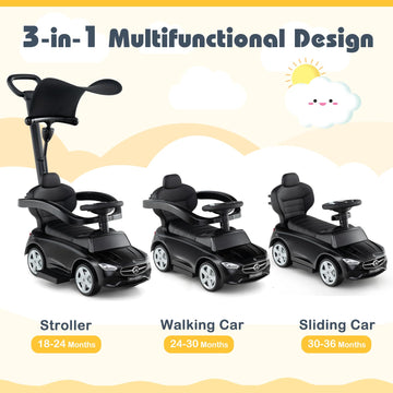 Costzon Push Car for Toddlers, 3 in 1 Mercedes Benz Stroller Sliding Walking Car w/Canopy, Handle, Safety Bar, Horn Sound, Under