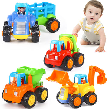 Orwine Inertia Toy Early Educational Toddler Baby Toy Friction Powered Cars Push And Go Cars Tractor Bulldozer Dumper Cement Mixer Engineering Vehicles Toys For Children Boys Girls Kids Gift 4Pcs
