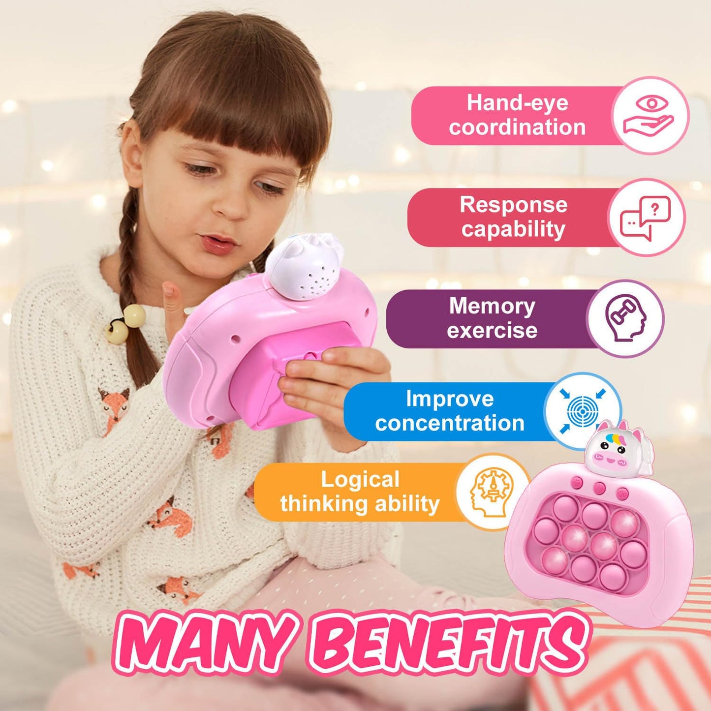 Lesipee Fidget Toys Fast Push Bubble Game Console, Handheld Puzzle for Kids, Ages 3-12, Colorful Silicone, Pink
