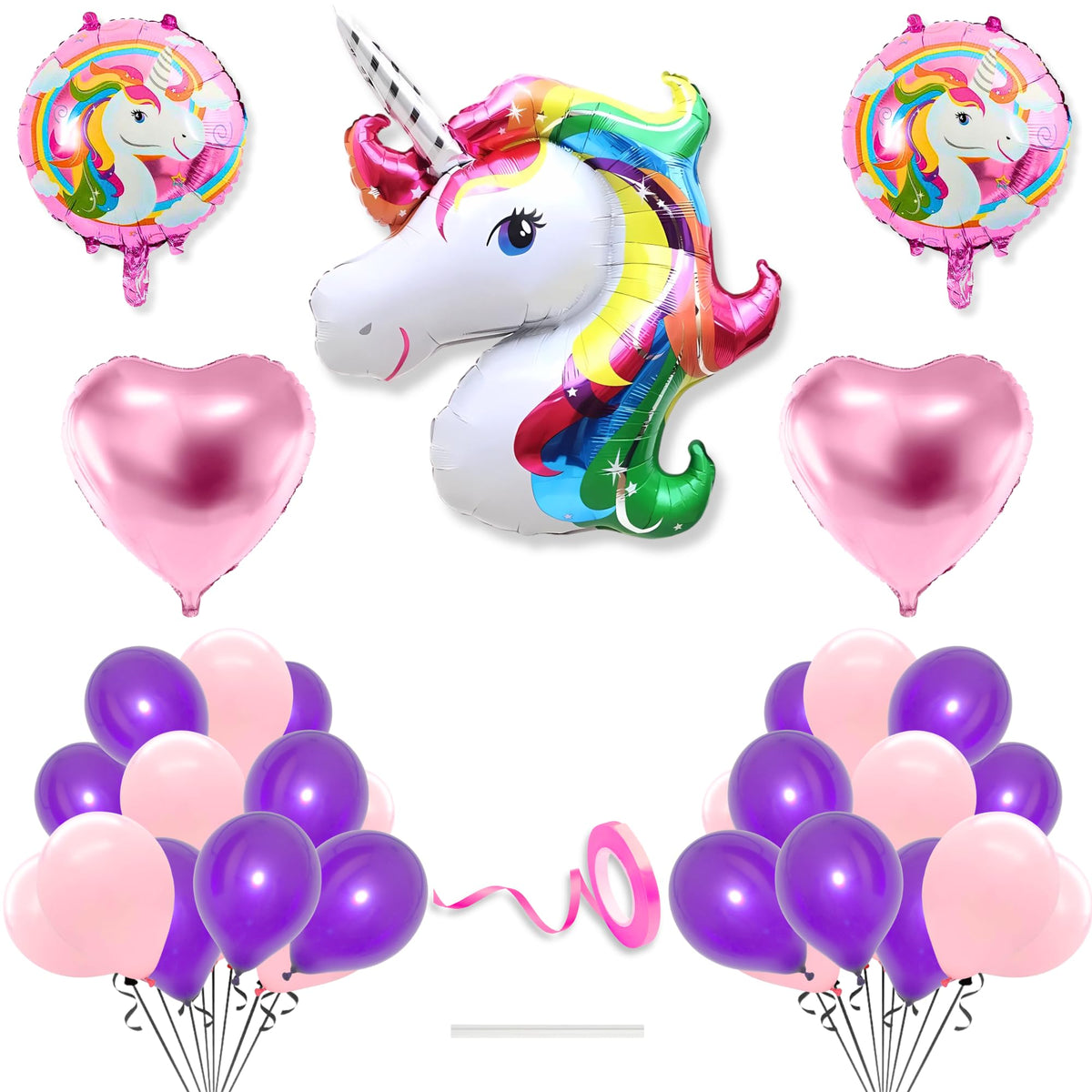 Flyloons Metallic Unicorn Theme Birthday Decoration Kit Pink Purple for Baby Girls Kids 5 Pcs Unicorn Theme 30 Pcs Pastel Balloo