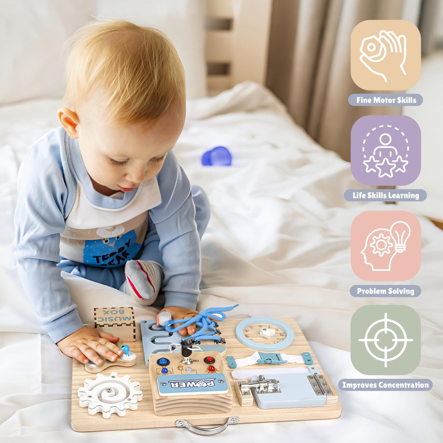 Joyreal Busy Board Montessori Toys With Led Lights, Autism Sensory Travel Toys, Fidget Board Ideal Gift For Boys Girls Wooden Toddler Toys