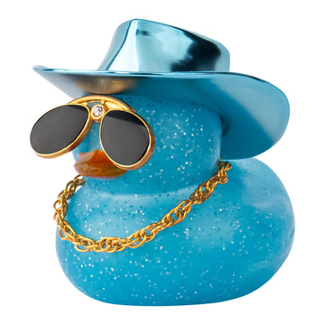 Wonuu Car Rubber Duck, Dashboard Decoration with Laser Cowboy Hat, Diamond Glasses, Necklace, Squeaks, Blue, 2'' Duck